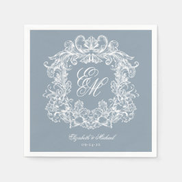 Elegant Dusty Blue Monogram Crest Script Wedding Pappersservett