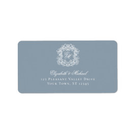 Elegant Dusty Blue Monogram Crest Wedding Address Adressetikett