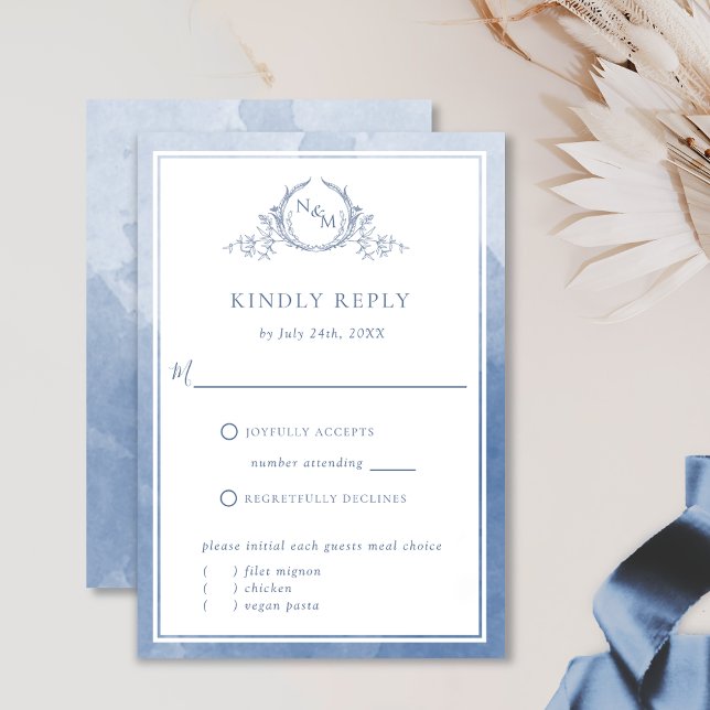 Elegant Dusty Blue Monogram och Watercolor OSA Kort (Skapare uppladdad)