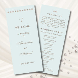 Elegant Dusty Blue Monogram Pearl Bröllopsprogram Program