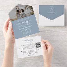 Elegant Dusty Blue Monogram QR-kod Foto Bröllop