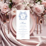 Elegant Dusty Blue Monogram Vapensköld Bröllop Meny<br><div class="desc">Eleganten Dusty Blue Monogram Vapensköld Bröllop Menu är perfekt för din bröllopsmottagning. Den har en ornerad dammig blå vapensköld med bruden och brudgummen i initialer. Det är lika unikt som ett par och kommer att se häpnadsväckande ut i ställe vid mottagningen. Den här menyn med tre entréalternativ kan enkelt ändras...</div>