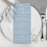 Elegant Dusty Blue Namnteckning Bröllop Menu Meny<br><div class="desc">Menykortet för elegant dammigt blått namnteckning bröllop med namnteckning stil namn,  det här moderna menykortet kan vara personlig med dina uppgifter i chicens vita bokstäver. Designad av Thisisnotme©</div>