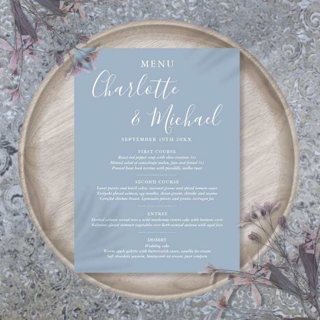 Elegant Dusty Blue Namnteckning Bröllop Menu Meny (Elegant Dusty Blue Signature Wedding Menu)