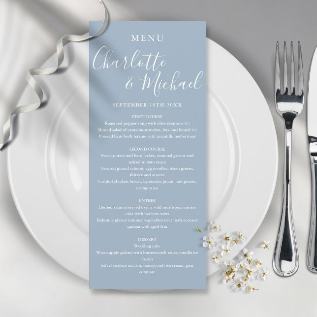 Elegant Dusty Blue Namnteckning Bröllop Menu Meny (Skapare uppladdad)