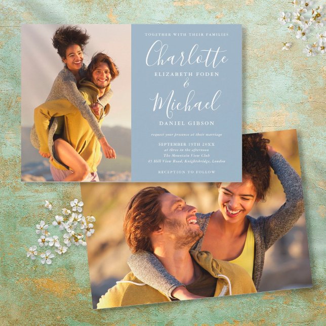 Elegant Dusty Blue Namnteckning skriptfoton Bröllo Inbjudningar (Skapare uppladdad)