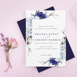 Elegant Dusty Blue Navy Blommigt Bröllop Inbjudningar
