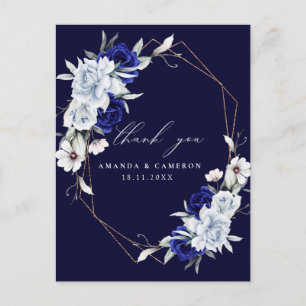 Elegant Dusty Blue Navy Blommigt Bröllop Tack Vykort