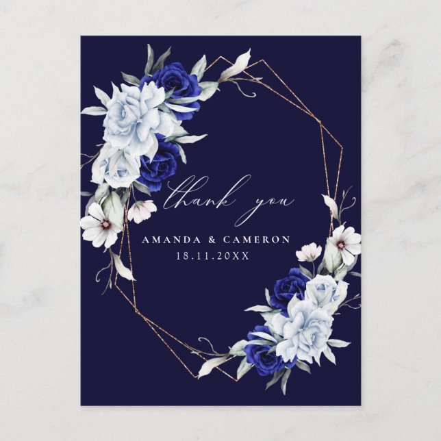 Elegant Dusty Blue Navy Blommigt Bröllop Tack Vykort (Framsida)
