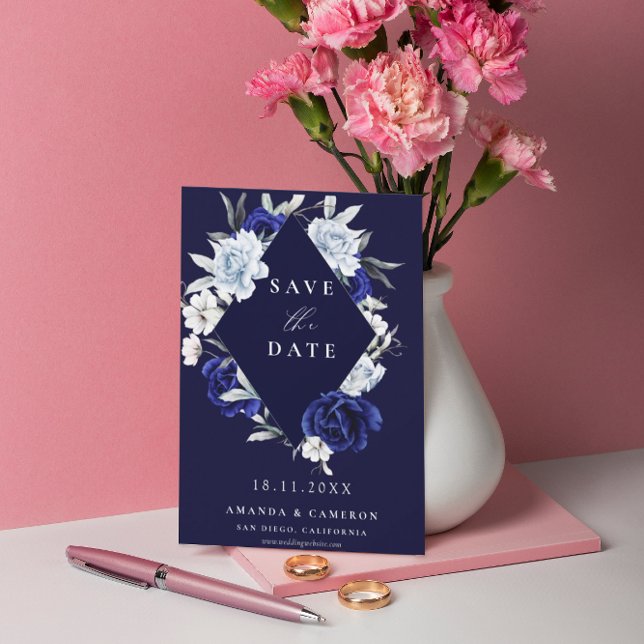 Elegant Dusty Blue Navy Blommigt Geometric Bröllop Spara Datumet (Skapare uppladdad)