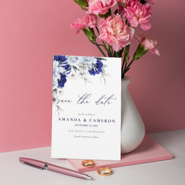 Elegant Dusty Blue Navy Blommigt QR Code Bröllop Spara Datumet (Skapare uppladdad)