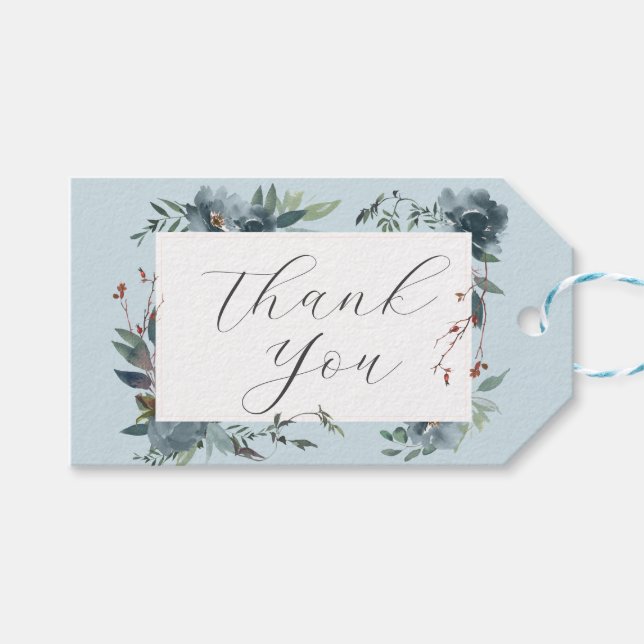 Elegant Dusty Blue Navy Botanical Garden Presentetikett (Framsidan (Horisontell))