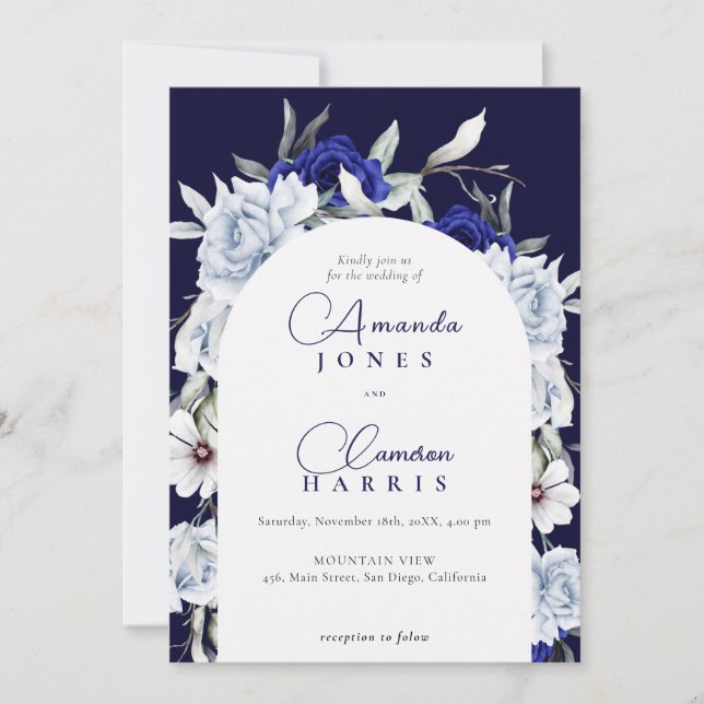 Elegant Dusty Blue Navy Floral Arch Wedding Inbjudningar (Framsida)