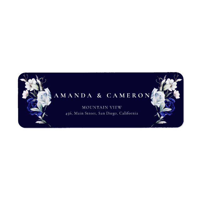Elegant Dusty Blue Navy Floral Wedding Address Returadress Etikett (Framsidan)
