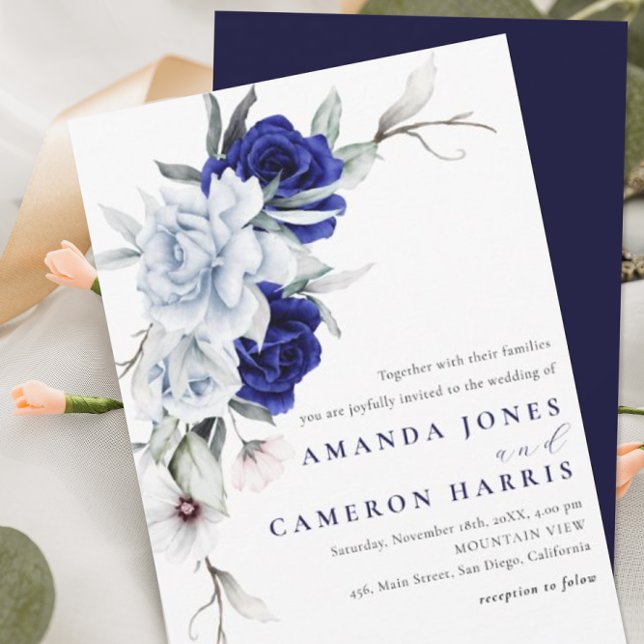 Elegant Dusty Blue Navy Floral Wedding Inbjudningar (Skapare uppladdad)