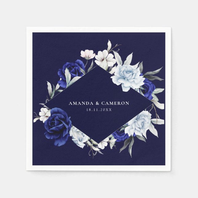 Elegant Dusty Blue Navy Floral Wedding Pappersservett (Framsidan)