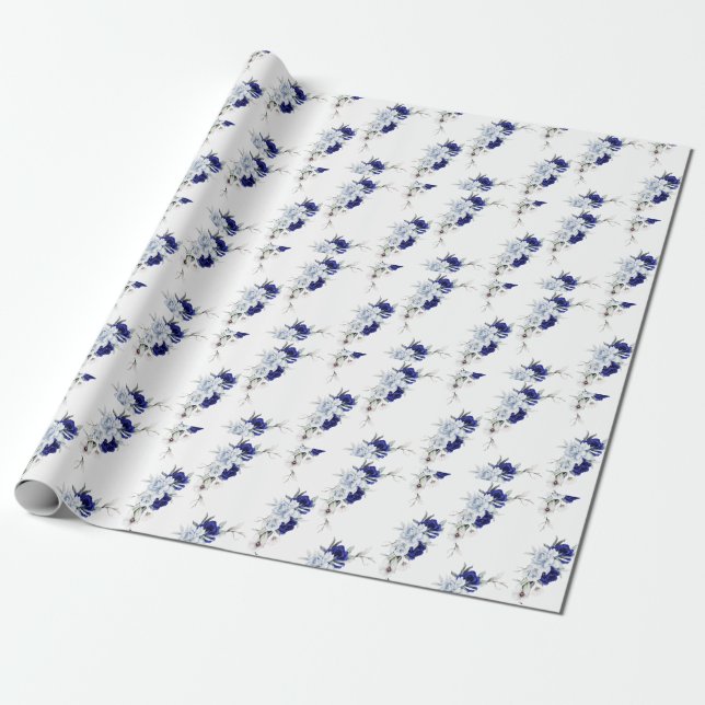 Elegant Dusty Blue Navy Floral Wedding  Presentpapper (Utrullad)