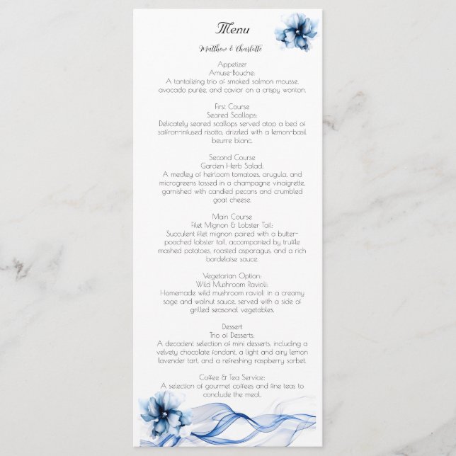 Elegant Dusty Blue Navy Flowers Bröllop Meny (Framsida)