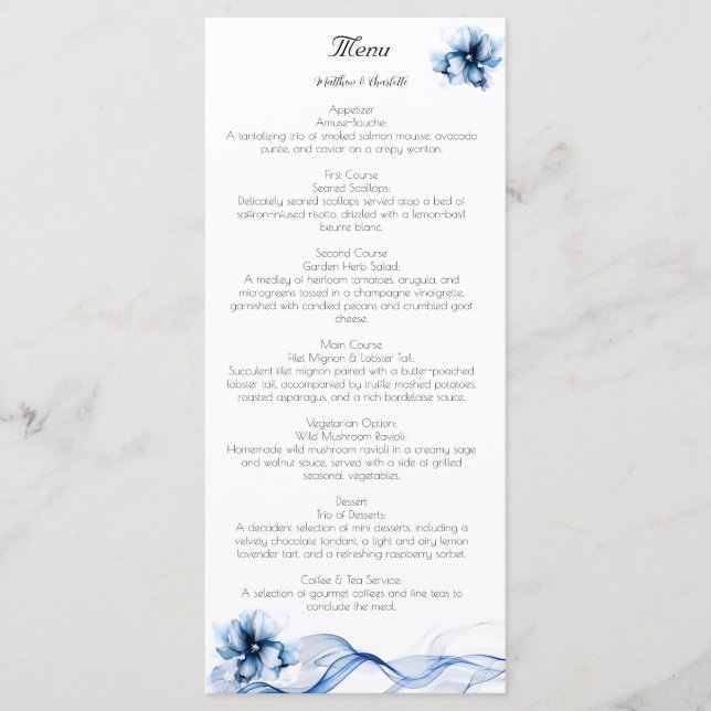 Elegant Dusty Blue Navy Flowers Bröllop Meny (Framsida)