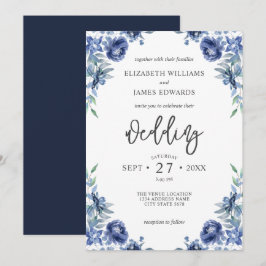 Elegant Dusty Blue Navy Rustic Blommigt Bröllop Inbjudningar