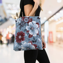 Elegant Dusty Blue och Burgundy Blommigt Tote Bag Tygkasse