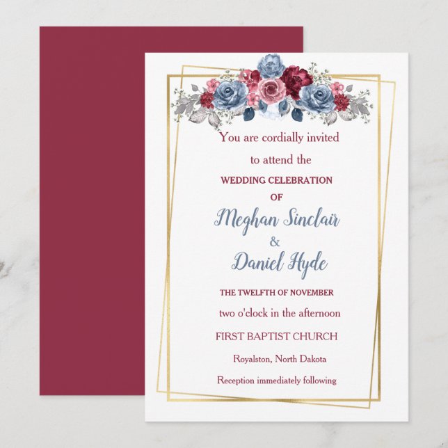 Elegant Dusty Blue och Burgundy Bröllop Inbjudningar (Fram/baksida)