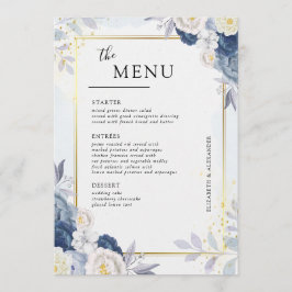Elegant Dusty Blue och Guld Blommigt Bröllop Bord Meny