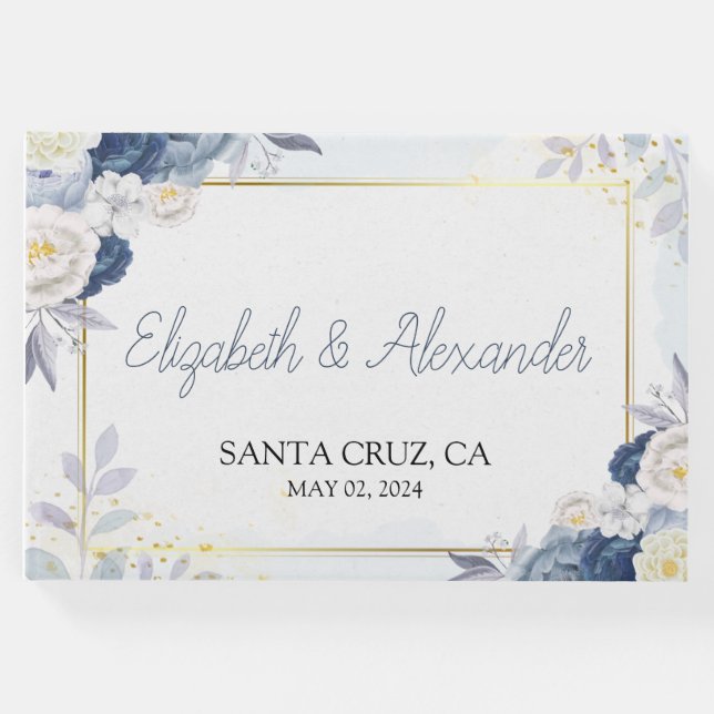 Elegant Dusty Blue och Guld Blommigt Bröllop Gästböcker (Framsida)