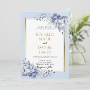 Elegant Dusty Blue och Guld Blommigt Bröllop Inbjudningar