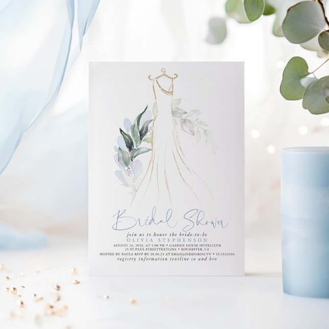Elegant Dusty Blue och Guld Greenery Möhippa Inbjudningar (Dusty Blue Greenery Dress Bridal Shower Invitations)