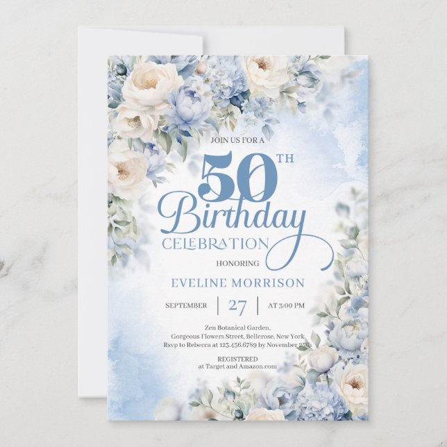 Elegant Dusty Blue och Ivory Flowers 50-årsdag Inbjudningar (Framsida)