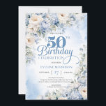 Elegant Dusty Blue och Ivory Flowers 50-årsdag Inbjudningar<br><div class="desc">Boho Elegant Winter Dusty Blue and Ivory Flowers 50:e födelsedag Denna fantastiska trendig boho blue blommigt-design innehöll vattenfärgsfärgade handmålade vinterdammiga blå hydrangea blandade light blåa blommor och kräm ro, och vita blommor och ett kombinerat modernt trendig-kalligrafi-skript. Т hans oemotståndliga, färglösa symfoni är elegant inställd på dammig blå vattenfärgsbakgrund. Fintvätt av...</div>