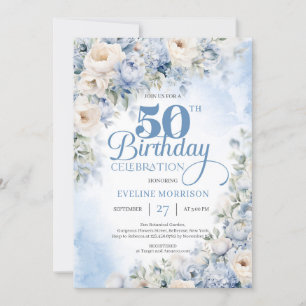 Elegant Dusty Blue och Ivory Flowers 50-årsdag Inbjudningar