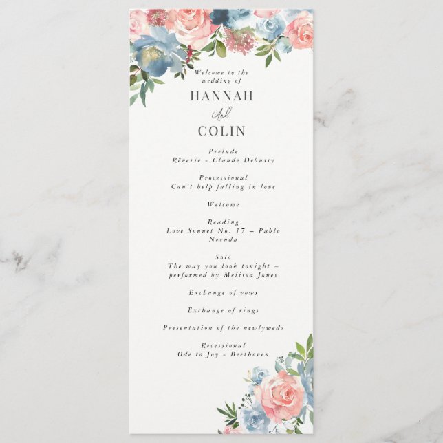 Elegant Dusty Blue och Ro Blommigt Swag Program (Framsida)