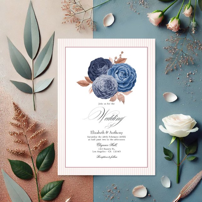 Elegant Dusty Blue och Ro Guld Blommigt Bröllop Inbjudningar (Elegant Dusty Blue and Rose Gold Floral Wedding Invitation)