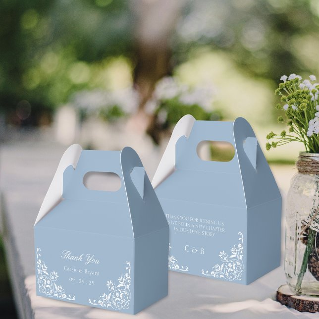 Elegant Dusty Blue och White Bröllop Tack Presentaskar (elegant simple blue and white wedding thank you gift favor boxes for wedding party bridal or welcome)