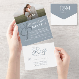 Elegant Dusty Blue Overlay Photo Monogram Bröllop