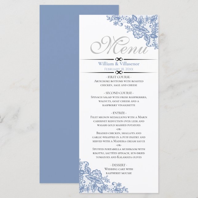 Elegant Dusty Blue på White Wedding Menu Meny (Fram/baksida)
