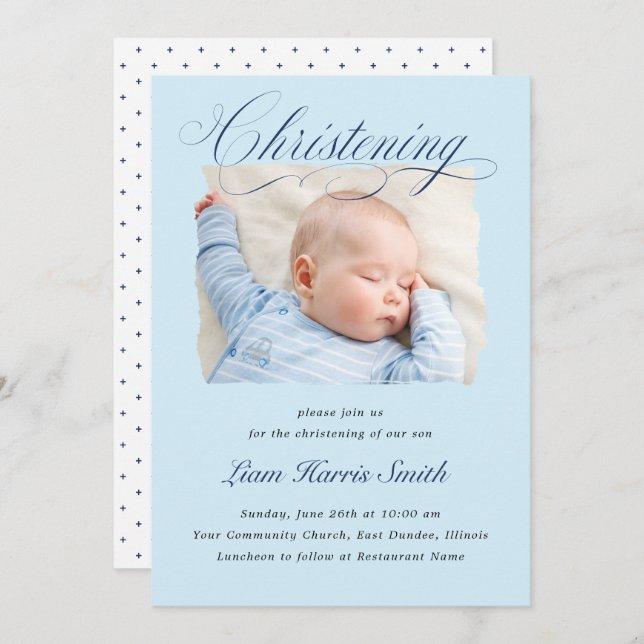 Elegant Dusty Blue Pastel Script Baptism Photo Boy Inbjudningar (Fram/baksida)