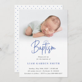 Elegant Dusty Blue Pastel Script Baptism Photo In Inbjudningar