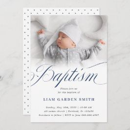 Elegant Dusty Blue Pastel Script Baptism Photo In Inbjudningar