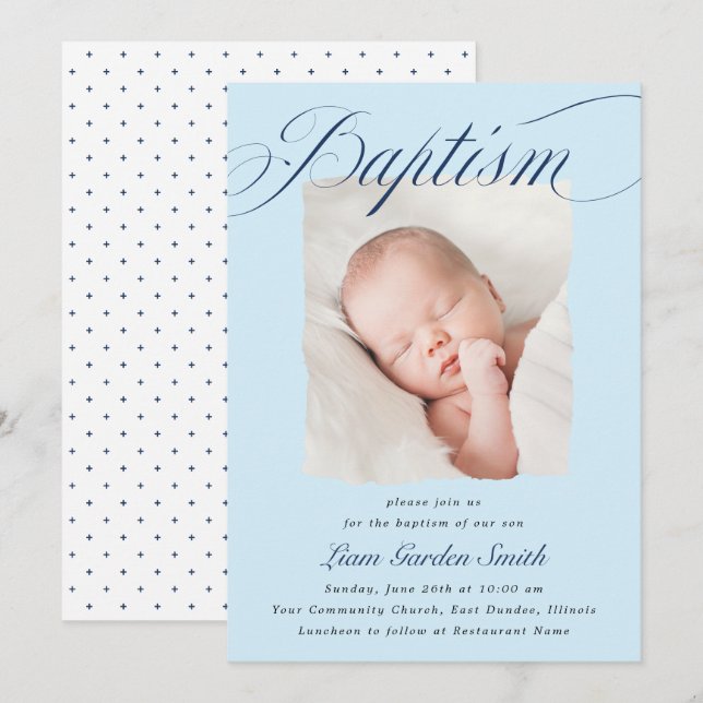 Elegant Dusty Blue Pastel Script Baptism Photo Inv Inbjudningar (Fram/baksida)