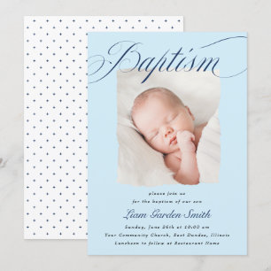 Elegant Dusty Blue Pastel Script Baptism Photo Inv Inbjudningar