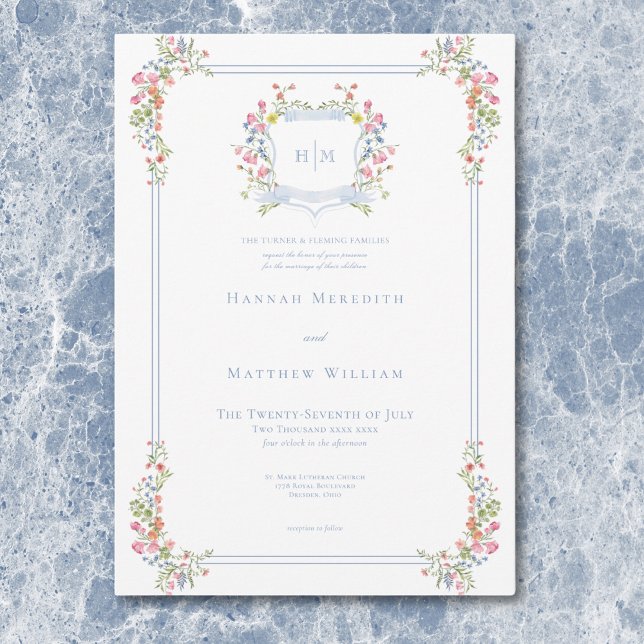 Elegant Dusty Blue Pastel Wildblomma Vapensköld Br Inbjudningar (Elegant Dusty Blue Pastel Wildflower Crest Wedding Invitation)