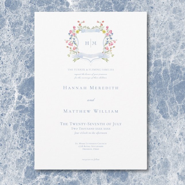 Elegant Dusty Blue Pastel Wildblomma Vapensköld Br Inbjudningar (Elegant Dusty Blue Pastel Wildflower Crest Wedding Invitation)
