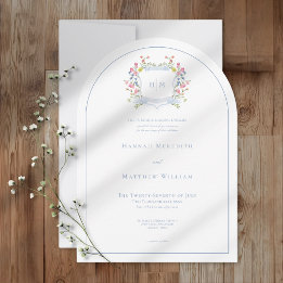 Elegant Dusty Blue Pastel Wildflower Crest Wedding Inbjudningar