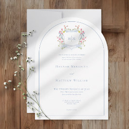 Elegant Dusty Blue Pastel Wildflower Crest Wedding Inbjudningar