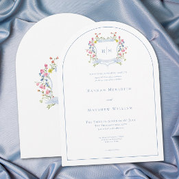 Elegant Dusty Blue Pastel Wildflower Crest Wedding Inbjudningar