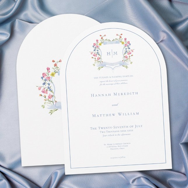 Elegant Dusty Blue Pastel Wildflower Crest Wedding Inbjudningar (Elegant Dusty Blue Pastel Wildflower Crest Arch Wedding Invitation)