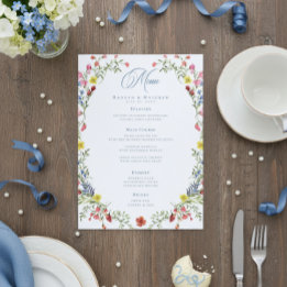 Elegant Dusty Blue Pastel Wildflower Crest Wedding Meny